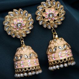 PANASH Pink & Gold Plated Dome Shaped Jhumkas Earrings-image-8