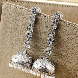 Crunchy Fashion Silver-Plated Beaded Oxidised Dome Shaped Jhumkas-image-19