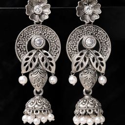 ADIVA Oxidised Silver-Plated Stone-Studded & Pearls Floral Shaped Jhumka-4