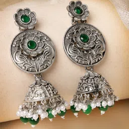ADIVA Oxidised Silver-Plated Floral Jhumkas-13