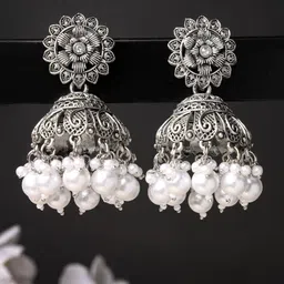 ADIVA Silver-Plated Dome Shaped Beaded Jhumkas-52