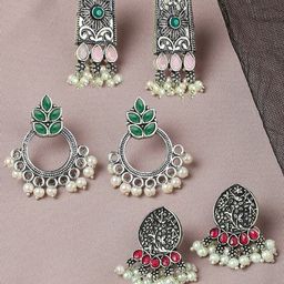 OOMPH Set Of 3 Floral Oxidised Jhumkas-29