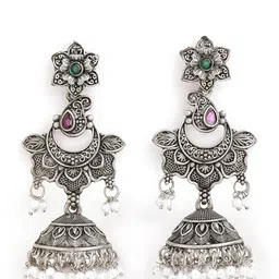 Anouk Silver-Toned Brass-Plated Stone-Studded & Beaded Floral Drop Earrings-image-55