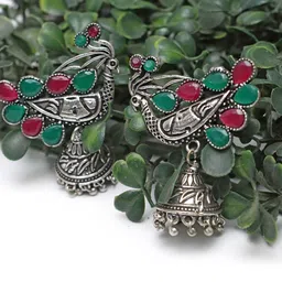 Ozanoo Silver-Plated Oxidised Stone Studded Dome Shaped Jhumkas Earrings-44
