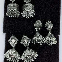 PRIVIU Set Of 3 Traditional Oxidised Jhumkas-55