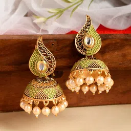 AQUASTREET Meenakari Green Jhumkis Earrings Copper Gold Plated-38
