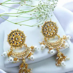 PANASH Gold-Plated Classic Kundan & Pearl Studded Drop Earrings-6