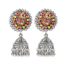 Yellow Chimes Stone-Studded & Beaded Oxidized Dome-Shaped Jhumkas-image-22