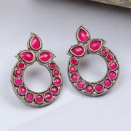 Crunchy Fashion Silver Plated Stone Studded Oxidized Circular Stud Earrings-17
