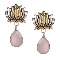 Bamboo Tree Jewels Silver-Toned & Pink Floral Drop Earrings-7