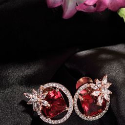 Saraf RS Jewellery Red & Rose Gold-Plated AD Floral Studs Earrings-14