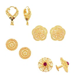 Vighnaharta Set of 4 Gold-Plated Cubic Zirconia Studded Floral Stud & Hoop Earrings-16