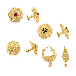 Vighnaharta Set of 4 Gold-Plated Cubic Zirconia Studded Floral Stud & Hoop Earrings-100