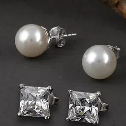 OOMPH Set Of 2 Cubic Zirconia Studded & Beaded Contemporary Studs-15