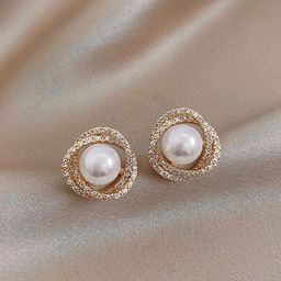 Shining Diva Fashion Gold-Plated Pearl Beaded Circular Shaped Studs Earrings-3