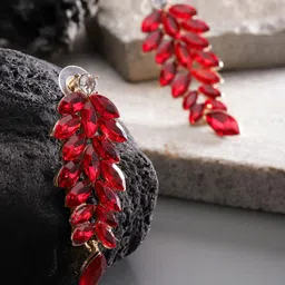 DressBerry Gold-Plated Contemporary Leaf-Shaped Stone-Studded Drop Earrings-17