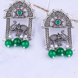 GRIIHAM Silver Plated Oxidised Zircon Studded & Beaded Drop Earrings-image-20