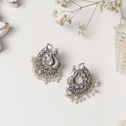TEEJH Silver-Toned & White Stones & Pearls Studded Oxidised Contemporary Studs Earrings-5
