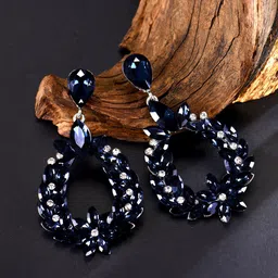 Yellow Chimes Silver-Toned & Navy Blue Contemporary Drop Earrings-image-16