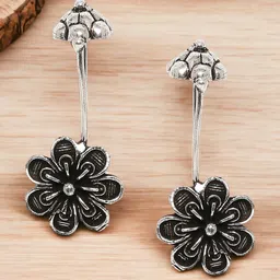 Sangria Silver-Toned Stones Studded Floral  Oxidised Ear Cuff Earrings-image-69