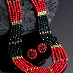 Arrabi Women Red & Green Crystal Beaded Multistrand Jewellery Set-34