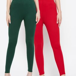 Clora Creation Women Pack of 2 Red & Green Solid Leggings-image-81