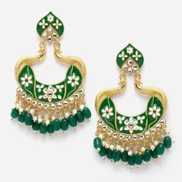 Aazeen Gold-Plated Peacock Shaped Kundan & Pearls Chandbalis Earrings image 1