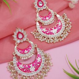 I Jewels Gold-Plated Kundan Studded And Pearls Beaded Crescent Meenakari Chandbalis-11