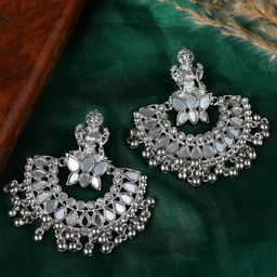 AQUASTREET Lakshmi design Mirror studded ChandBali Earrings Copper Silver Plated-48