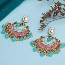 KARATCART Women Pink and Light Blue Meena Kundan Gold-Plated Classic Chandbalis Earrings-9