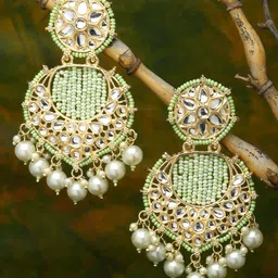 ZENEME Gold-Plated Kundan studded Contemporary Drop Earrings-image-34