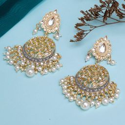 KARATCART Grey & Gold-Plated Kundan Classic Chandbalis Earrings-4