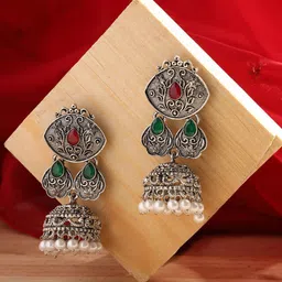 Jazz and Sizzle Women Silver-Toned Ruby & Green Contemporary Jhumkas Earrings-2