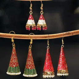 OOMPH Set Of 3 Beaded Dome-Shaped Jhumkas-6