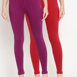 TAG 7 Women Purple & Red Pack of 2 Solid Comfort Fit Ankle Length Leggings-picture-51