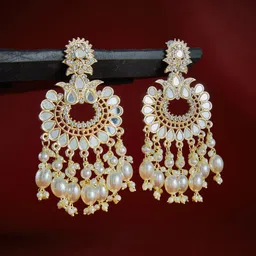 ATIBELLE Gold-Plated Stones Studded & Pearls Beaded Contemporary Drop Earrings-26