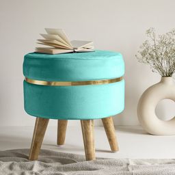 Clasiko Turquoise Blue Solid Ottoman With Golden Ring & Wood Legs-image-74