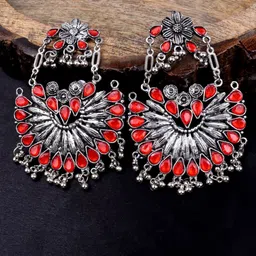 VAGHBHATT Silver-Plated Stone Studed Oxidised Floral Drop Earrings-88