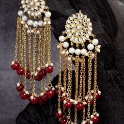 KARATCART Red Gold Plated Floral Kundan Tassel Drop Earrings-10