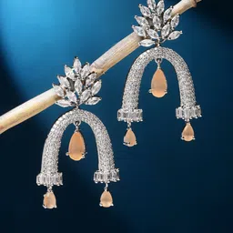 ZENEME Rhodium-Plated American Diamond Drop Earrings-image-79