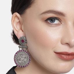VIRAASI Silver-Plated Contemporary Oxidised Drop Earrings-image-22