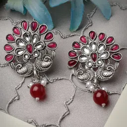 ADIVA Silver-Plated Kundan-Studded Peacock Shaped Drop Earrings-image-29