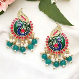 OOMPH Artificial Beads Beaded Peacock Shaped Drop Earrings-16