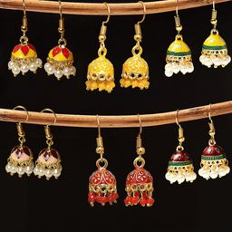 OOMPH Set Of 6 Gold-Plated Dome Shaped Beaded Meenakari Jhumka-33