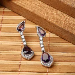 ZENEME Rhodium Plated Teardrop Shaped American Diamond Studded Drop Earrings-49