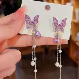 FIMBUL Silver Plated Butterfly Shaped Rhinestone Drop Earrings-15
