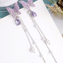FIMBUL Silver-Plated Butterfly Shaped Rhinestone Studded Drop Earrings-38