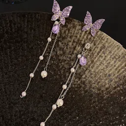 FIMBUL Silver Plated Butterfly Shaped Rhinestone Drop Earrings-31