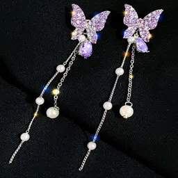 FIMBUL Silver-Plated Butterfly Shaped Rhinestone Studded Drop Earrings-image-53