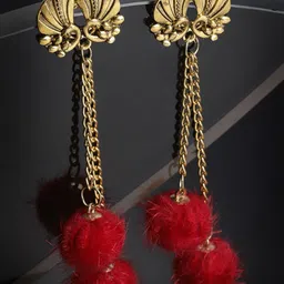 PANASH Gold-Plated & Red Peacock Shaped Drop Earrings-4
